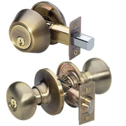 Biscuit Style Knob Entry Door Lock with Single Cylinder Deadbolt; Combo Pack; Antique Brass