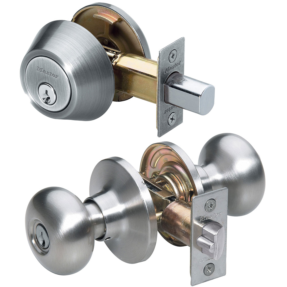 Biscuit Style Knob Entry Door Lock with Single Cylinder Deadbolt; Combo Pack; Satin Nickel