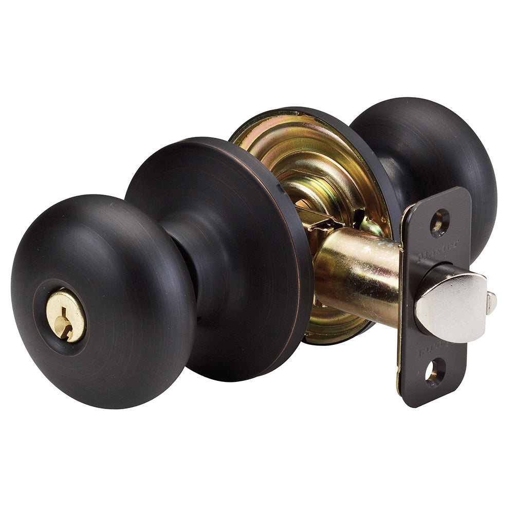 Biscuit Style Knob Entry Door Lock; Aged Bronze