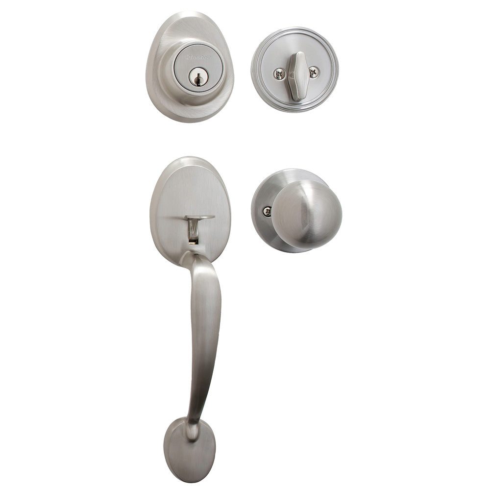 Handleset with Biscuit Style Knob Interior and Single Cylinder Deadbolt; Satin Nickel, WK2