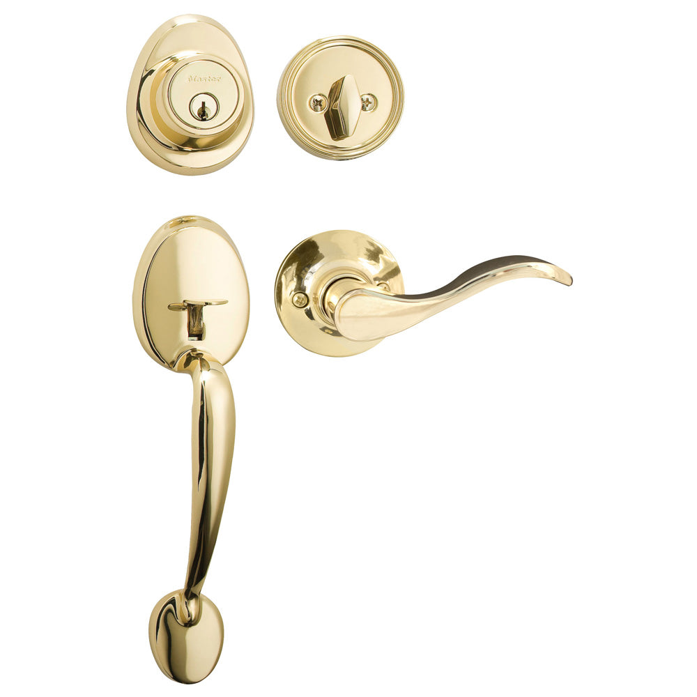 Handleset with Wave Style Lever Interior and Single Cylinder Deadbolt (Left Hand); Polished Brass, WR5