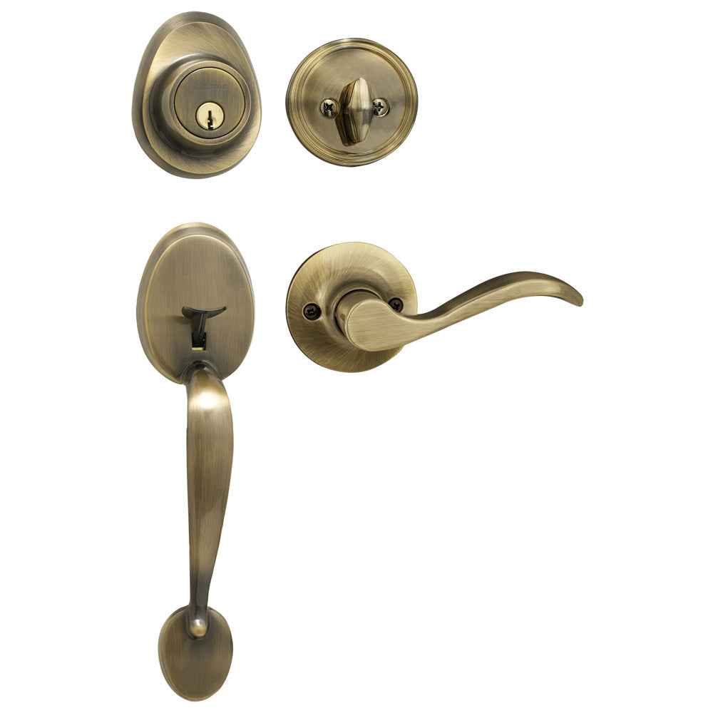 Handleset with Wave Style Lever Interior and Single Cylinder Deadbolt (Left Hand); Antique Brass, KW1