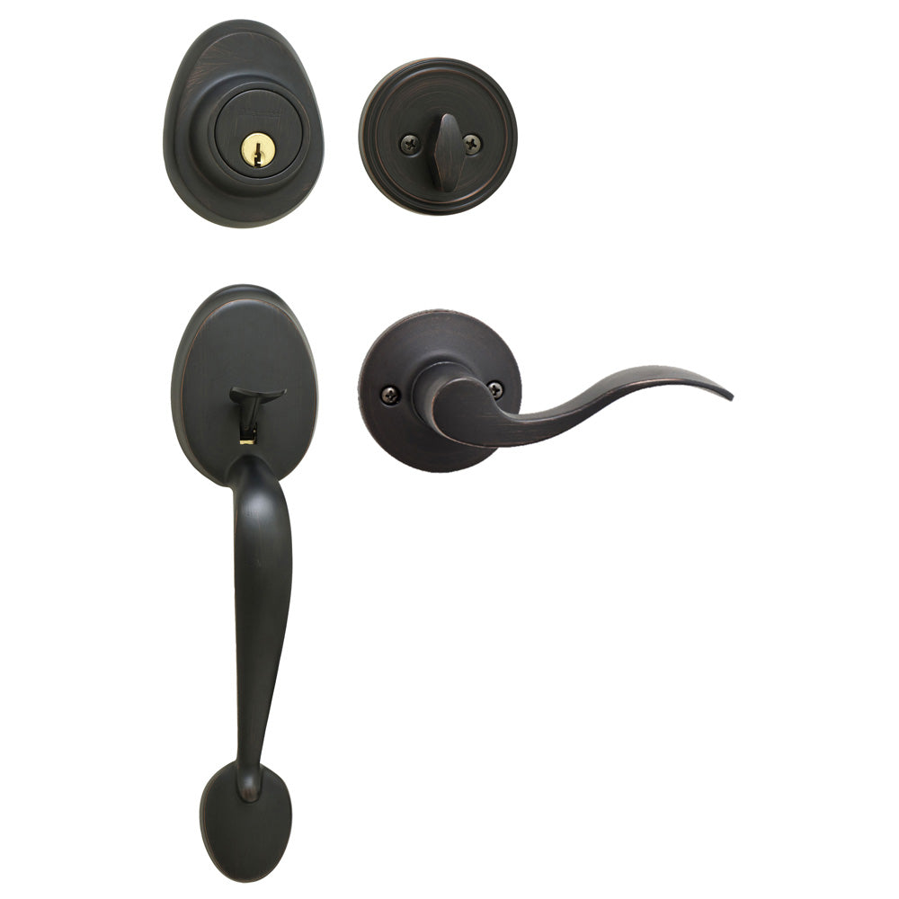 Handleset with Wave Style Lever Interior and Single Cylinder Deadbolt (Left Hand); Aged Bronze, WK2