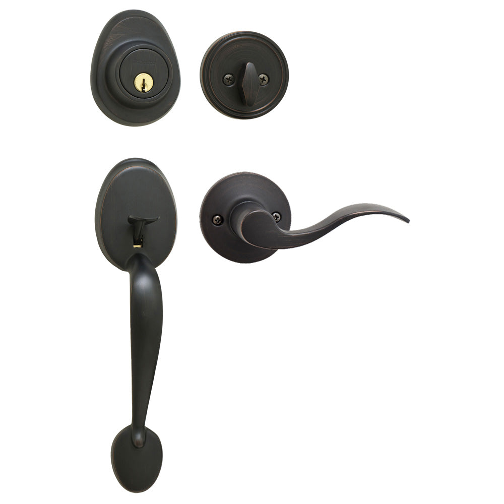 Handleset with Wave Style Lever Interior and Single Cylinder Deadbolt (Right Hand); Aged Bronze, WR5