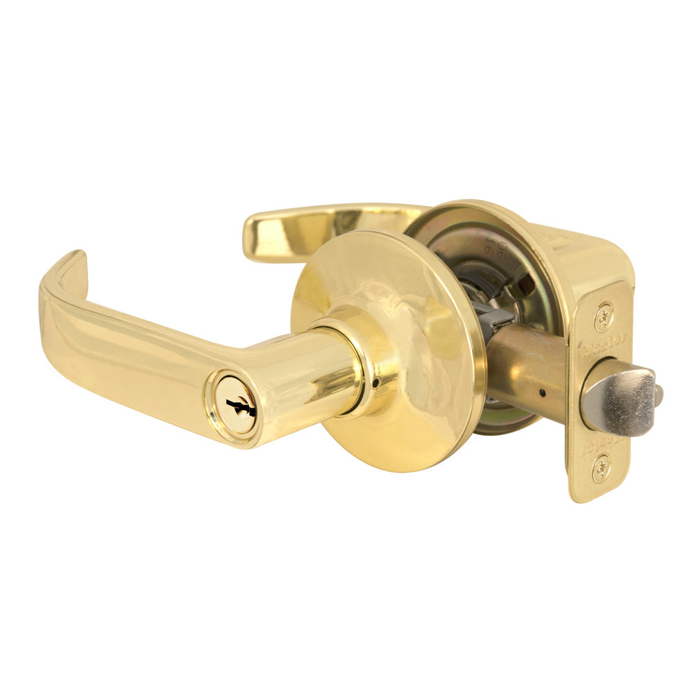Return Style Lever Storeroom Lock; Polished Brass, KW1