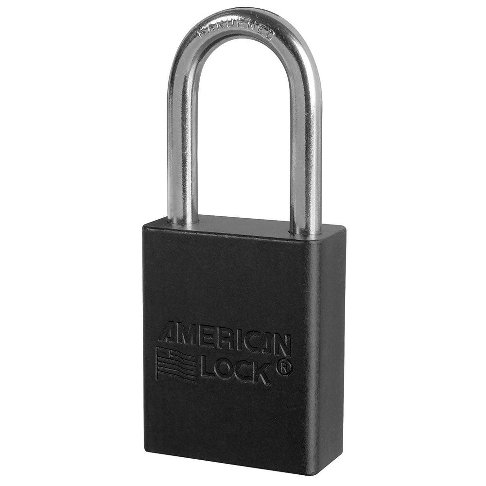 Black Anodized Aluminum Safety Padlock, 1-1/2in (38mm) Wide with 1-1/2in (38mm) Tall Shackle, Keyed Alike Master Keyed