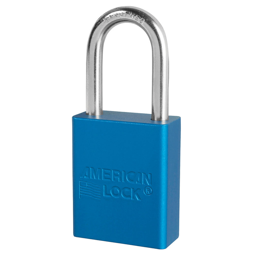 Blue Anodized Aluminum Safety Padlock, 1-1/2in (38mm) Wide with 1-1/2in (38mm) Tall Shackle, Keyed Alike Master Keyed