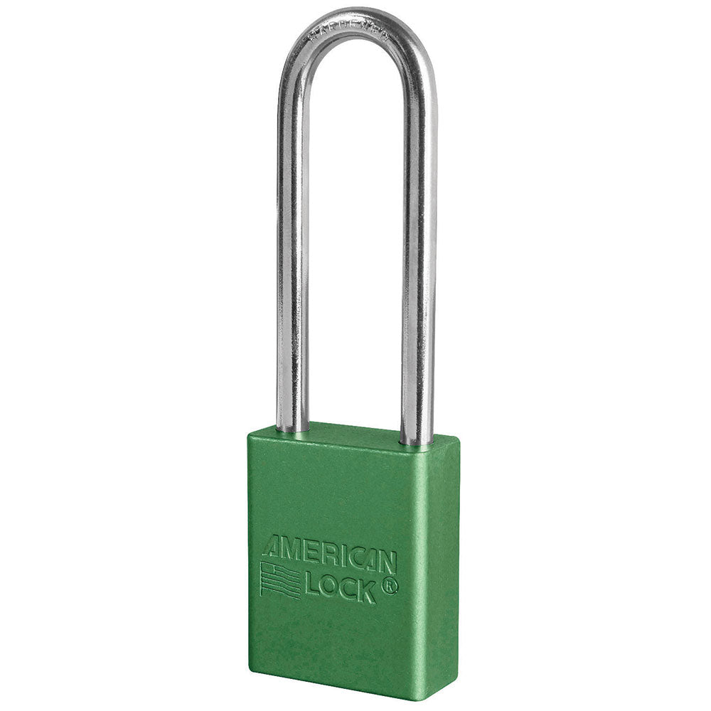 Green Anodized Aluminum Safety Padlock, 1-1/2in (38mm) Wide with 3in (76mm) Tall Shackle, Keyed Alike Master Keyed