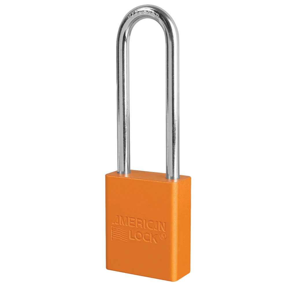 Orange Anodized Aluminum Safety Padlock, 1-1/2in (38mm) Wide with 3in (76mm) Tall Shackle, Keyed Alike Master Keyed