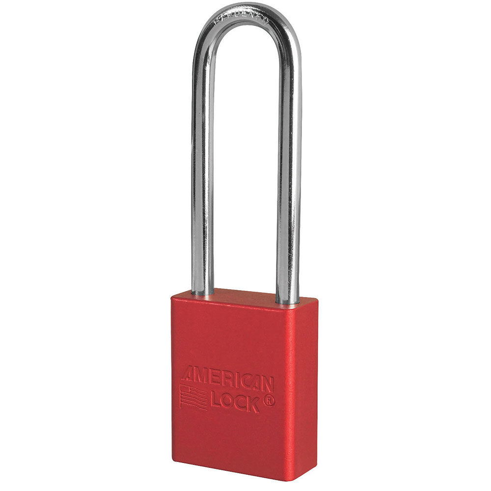 Red Anodized Aluminum Safety Padlock, 1-1/2in (38mm) Wide with 3in (76mm) Tall Shackle, Master Keyed
