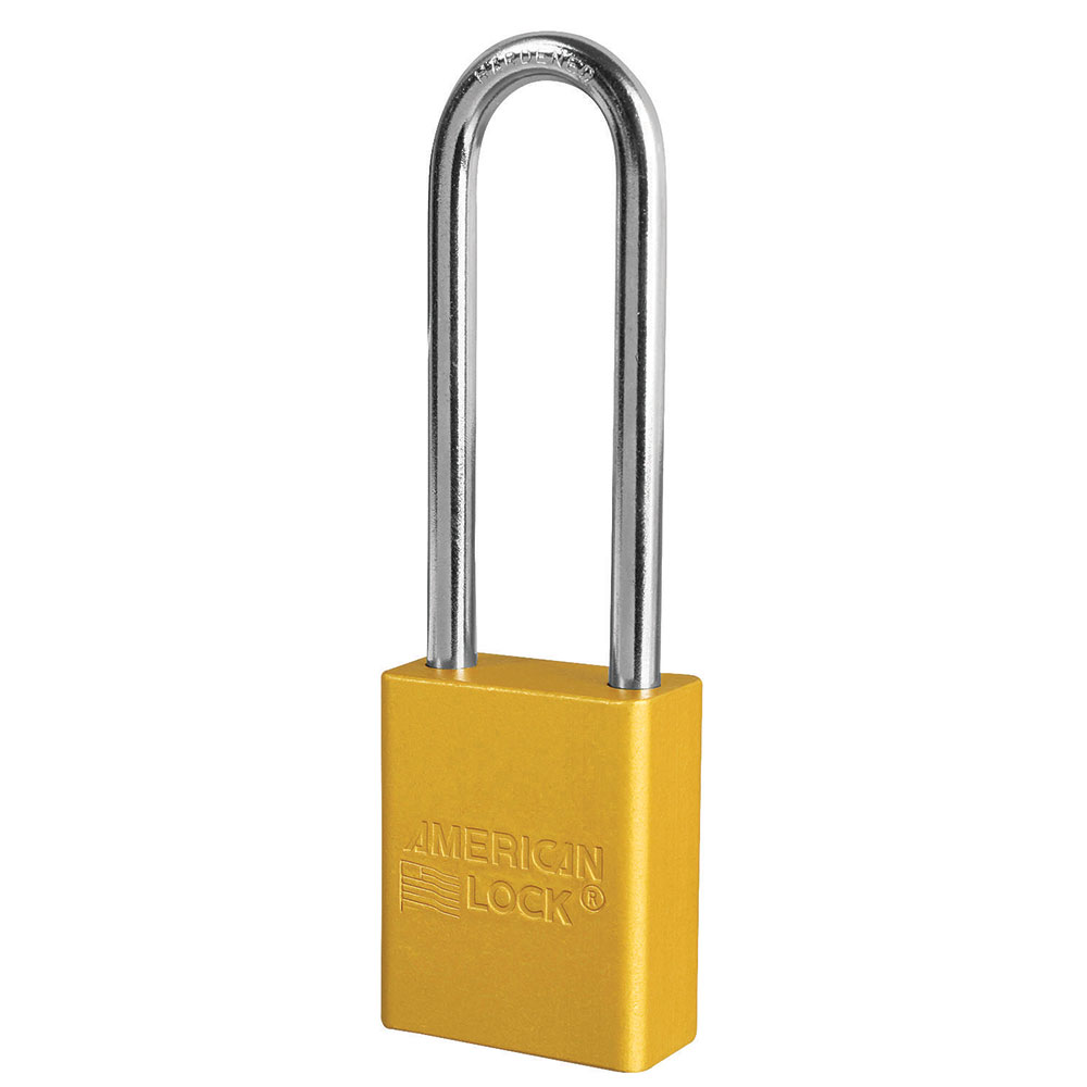 Yellow Anodized Aluminum Safety Padlock, 1-1/2in (38mm) Wide with3in (76mm) Tall Shackle, Key Retaining Safety Exclusive Cylinder