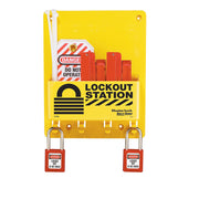 Compact Lockout Station with two Zenex™ Thermoplastic Padlocks, three Tags, and four Circuit Breaker Lockouts
