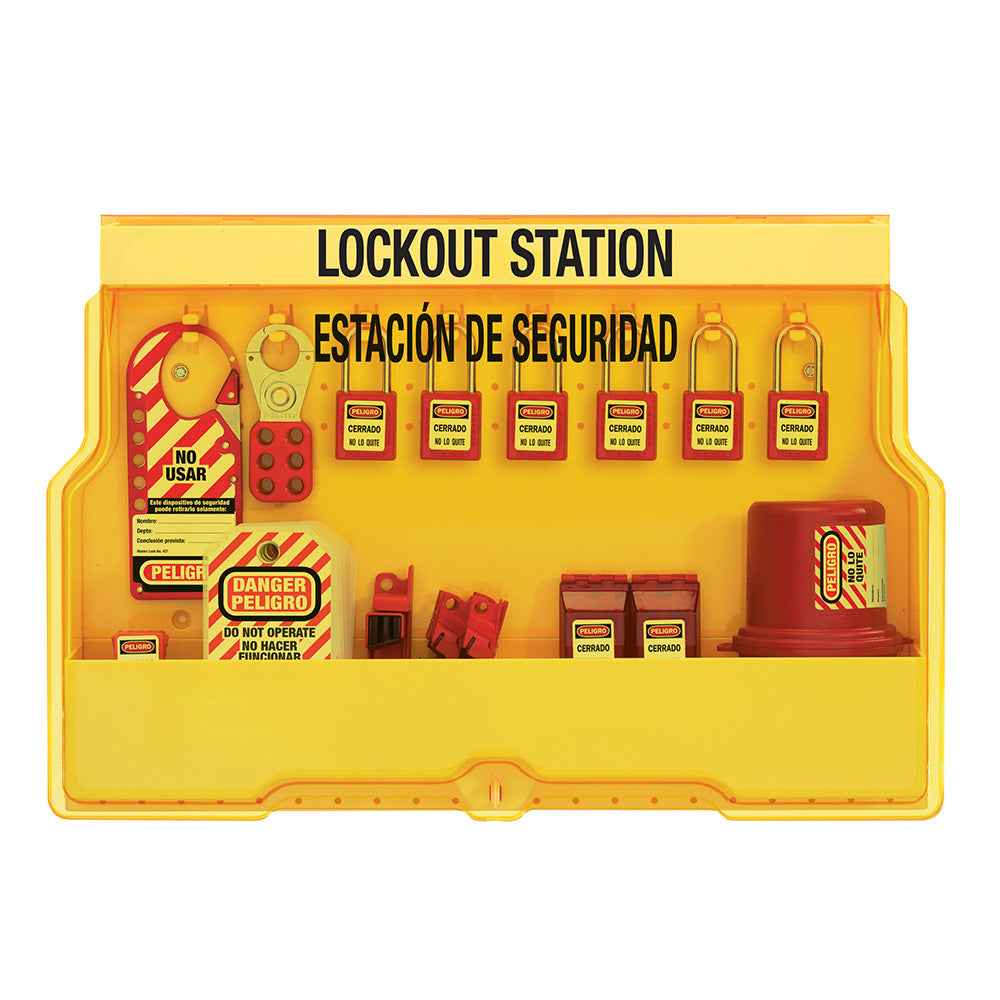 English/Spanish Electrical Lockout Wall Station with Standard Device Assortment and six Zenex™ Thermoplastic Padlocks Includes Spanish safety tags