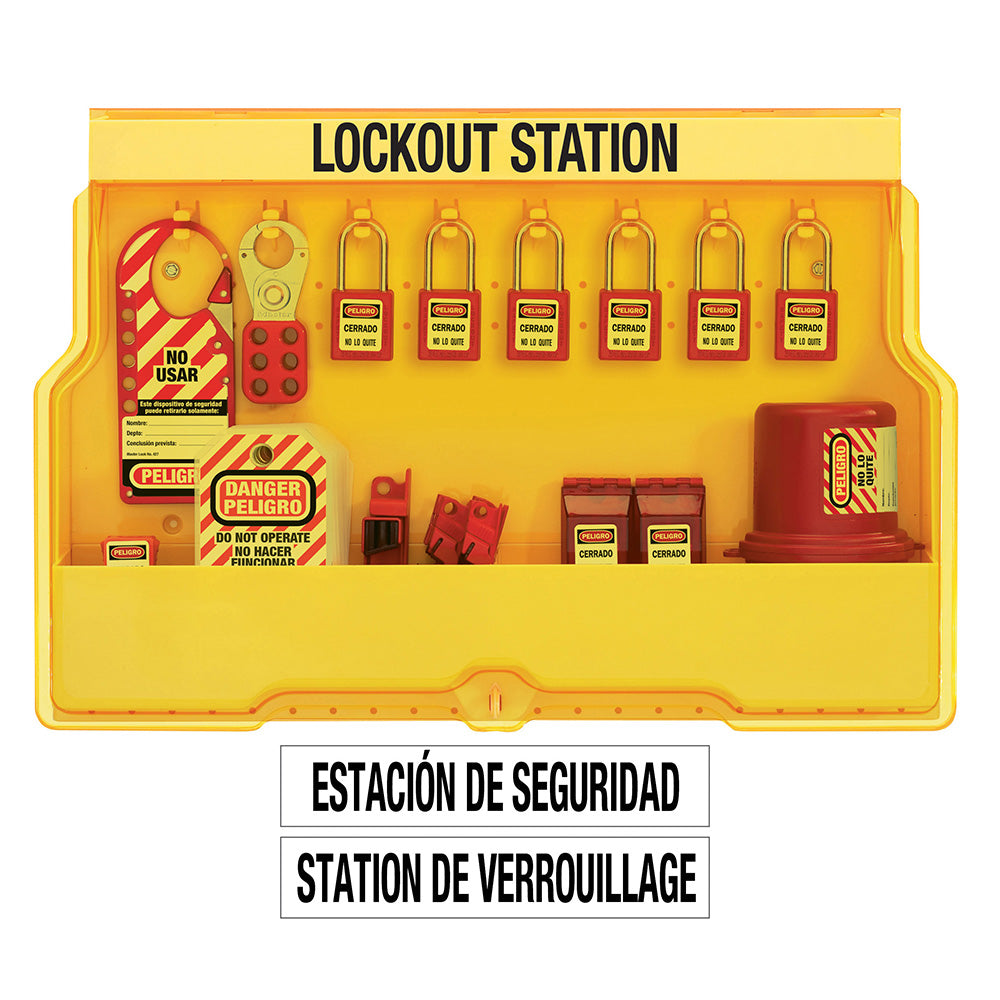 English/Spanish Electrical Lockout Wall Station with Standard Device Assortment and six Zenex™ Thermoplastic Padlocks Includes Spanish safety tags