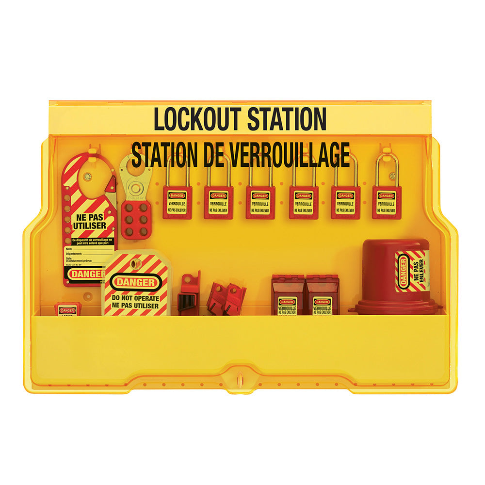 English/French Electrical Lockout Wall Station with Standard Device Assortment and six Zenex™ Thermoplastic Padlocks Includes French safety tags