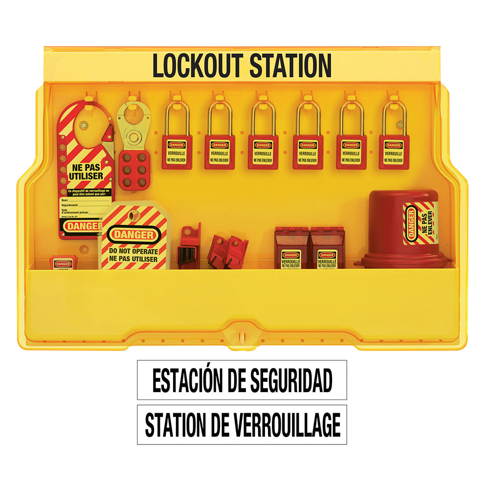 English/French Electrical Lockout Wall Station with Standard Device Assortment and six Zenex™ Thermoplastic Padlocks Includes French safety tags