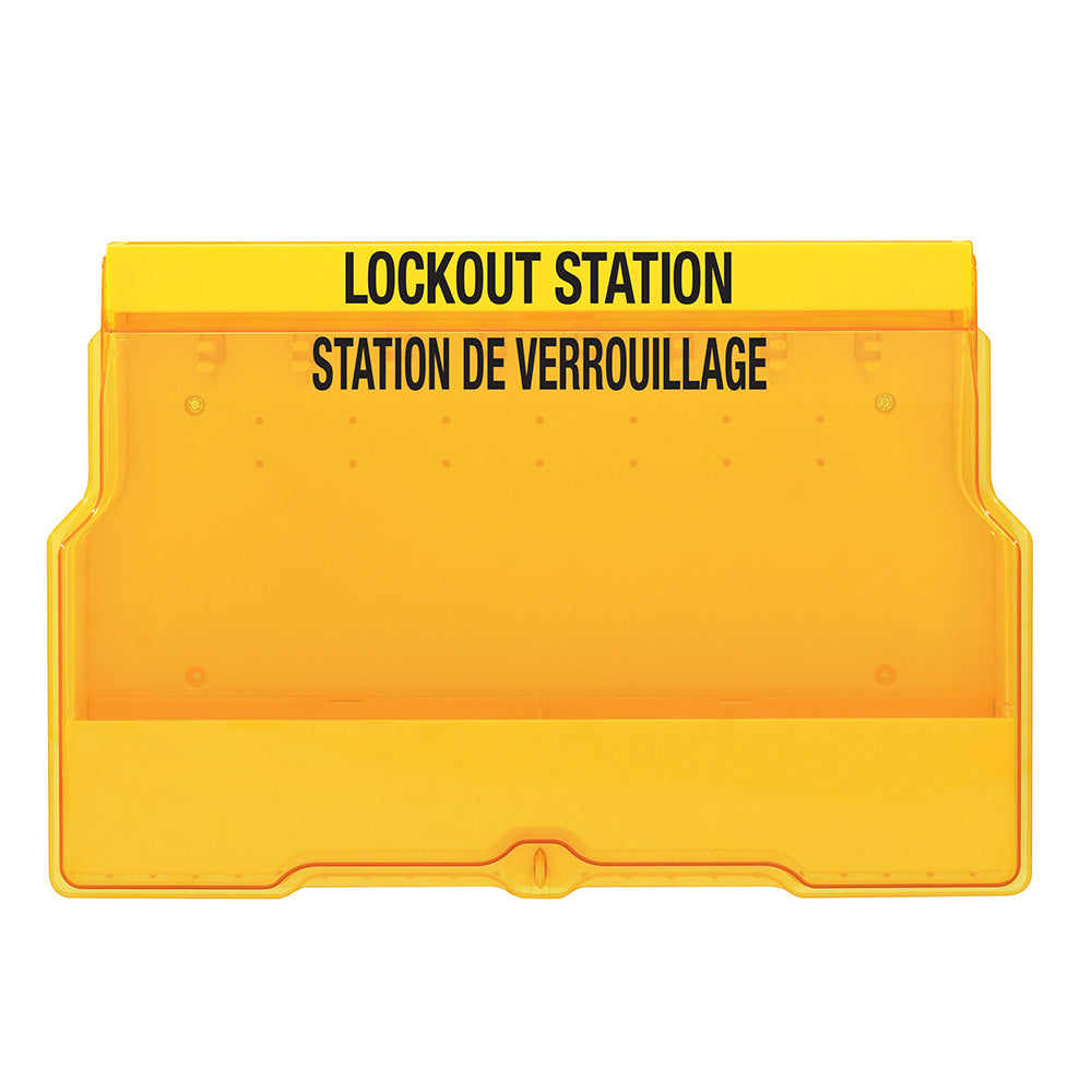Lockout Station with Cover and Trilingual Labels, Unfilled.