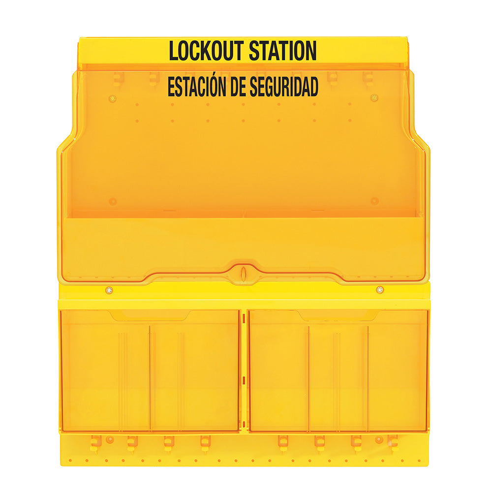 Deluxe Lockout Station with Cover and Trilingual Labels, Unfilled.