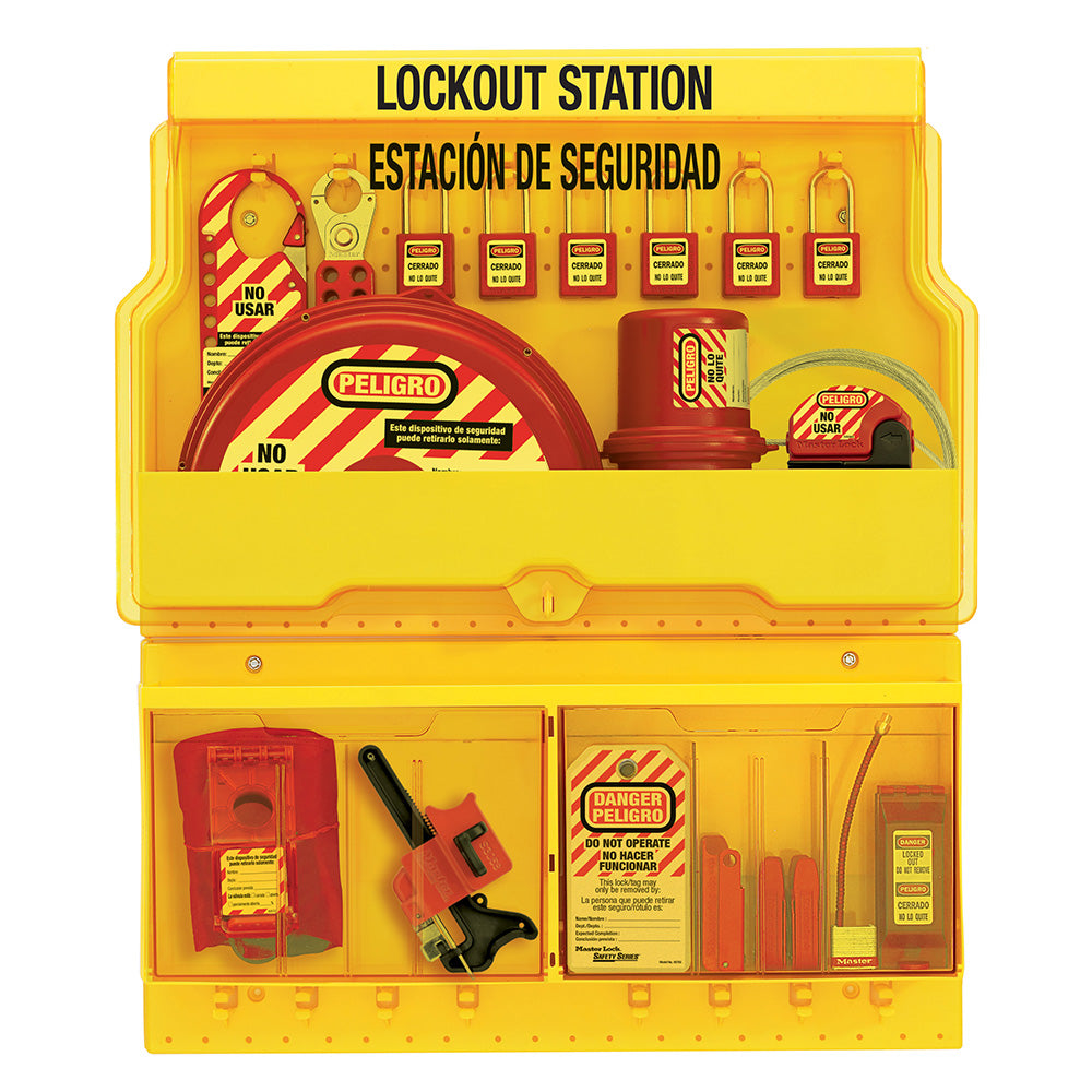 English/Spanish Deluxe Valve and Electrical Lockout Station with Standard Device Assortment and six Zenex™ Thermoplastic Padlocks Includes Spanish safety tags