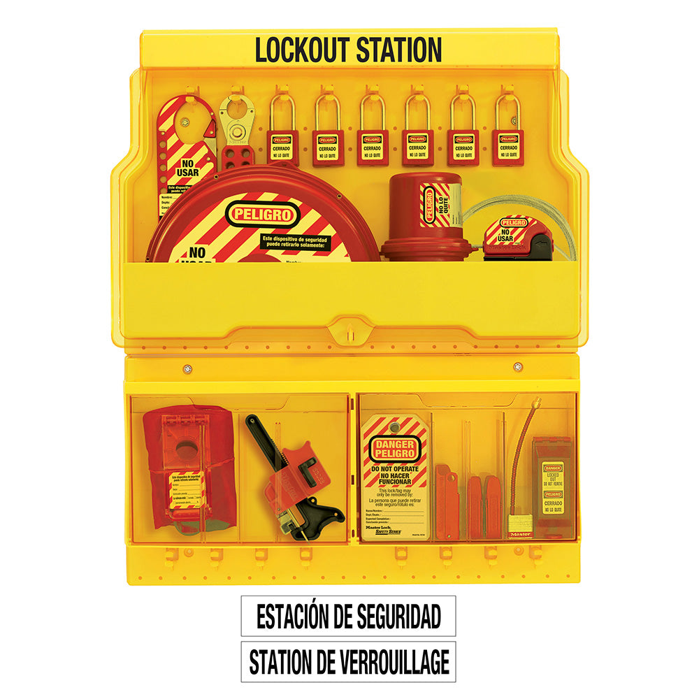 English/Spanish Deluxe Valve and Electrical Lockout Station with Standard Device Assortment and six Zenex™ Thermoplastic Padlocks Includes Spanish safety tags