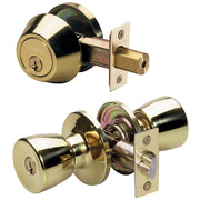 Tulip Style Knob Entry Door Lock with Single Cylinder Deadbolt; Combo Pack; Polished Brass, WK2