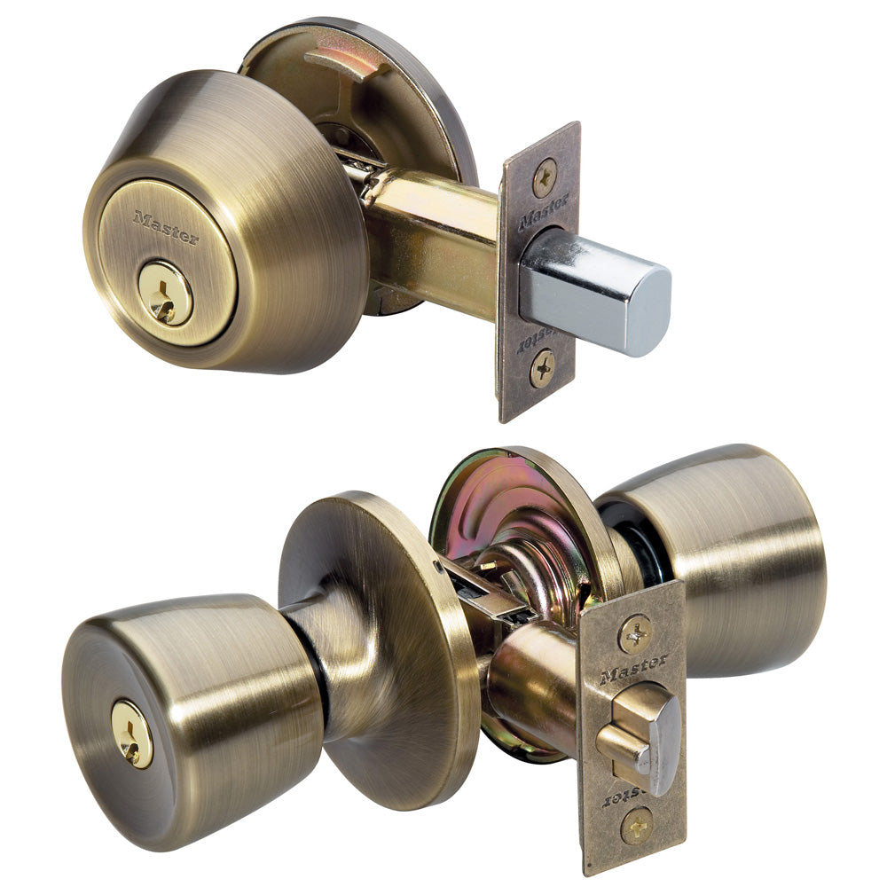 Tulip Style Knob Entry Door Lock with Single Cylinder Deadbolt; Combo Pack; Antique Brass, KW1