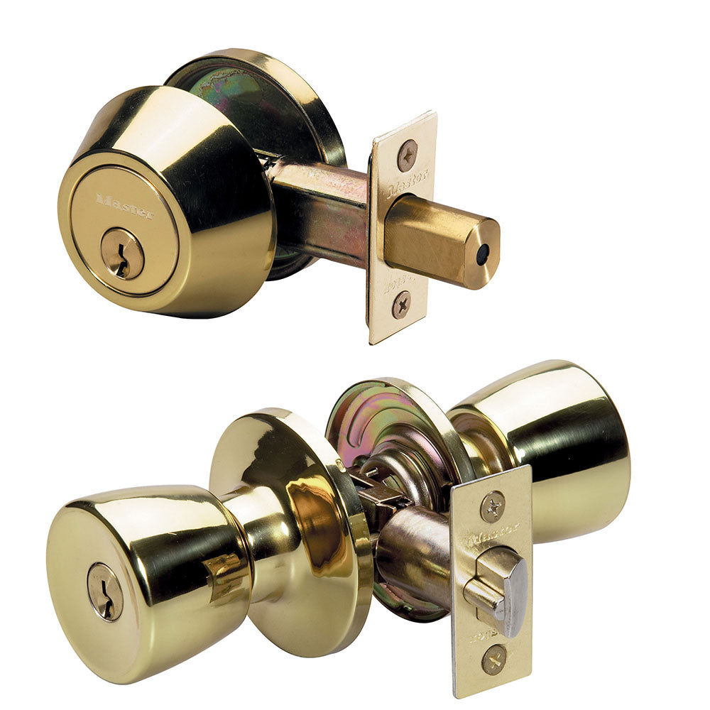 Tulip Style Knob Entry Door Lock with Single Cylinder Deadbolt; Combo Pack; Polished Brass