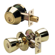 Tulip Style Knob Entry Door Lock with Single Cylinder Deadbolt; Combo Pack; Polished Brass