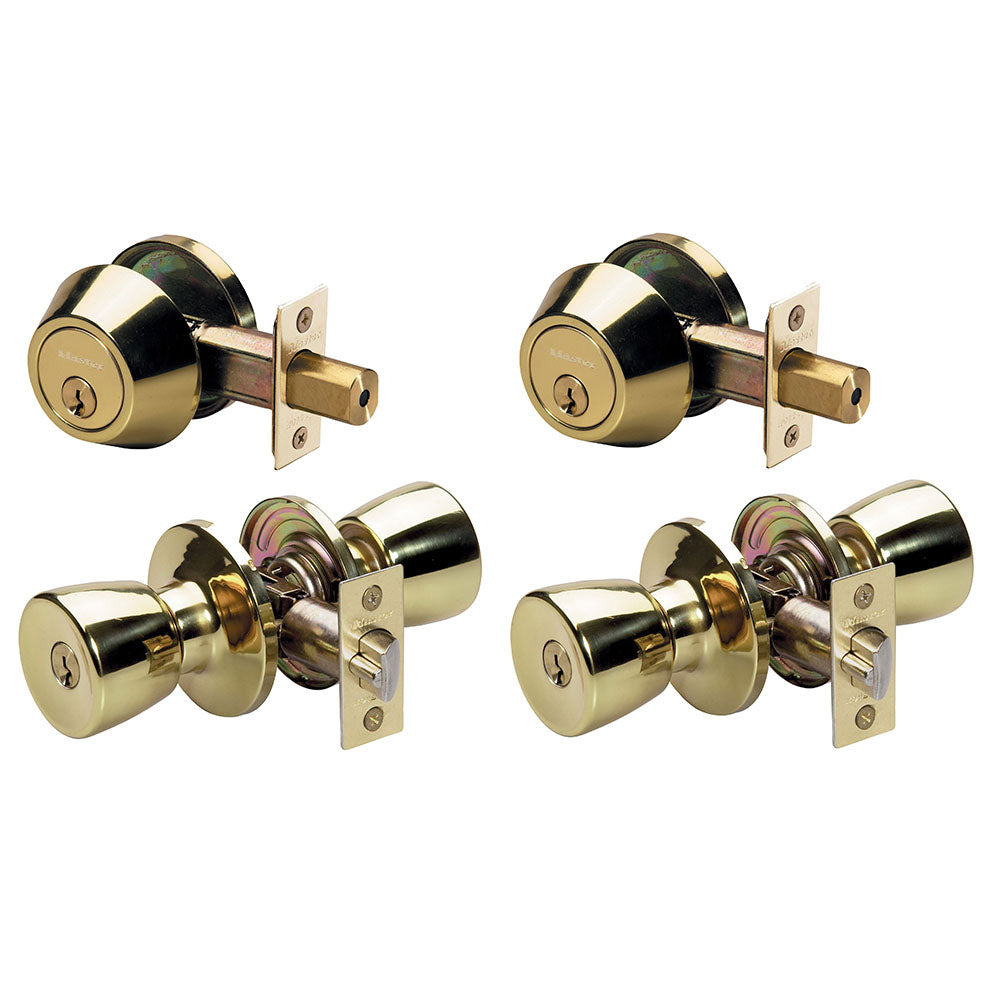 Tulip Style Knob Entry Door Lock with Single Cylinder Deadbolt; Combo Pack; Polished Brass; 2-Pack