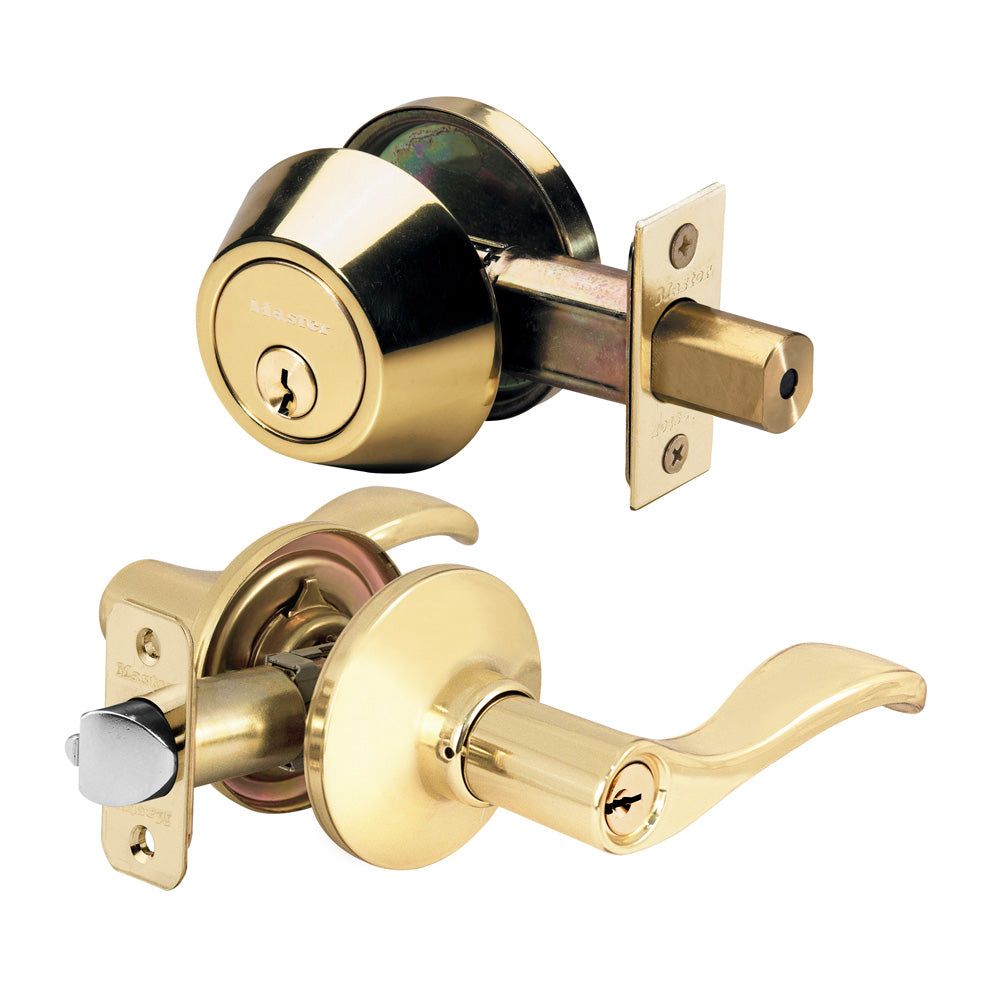 Wave Style Lever Entry Door Lock with Single Cylinder Deadbolt; Combo Pack; Polished Brass, WK2