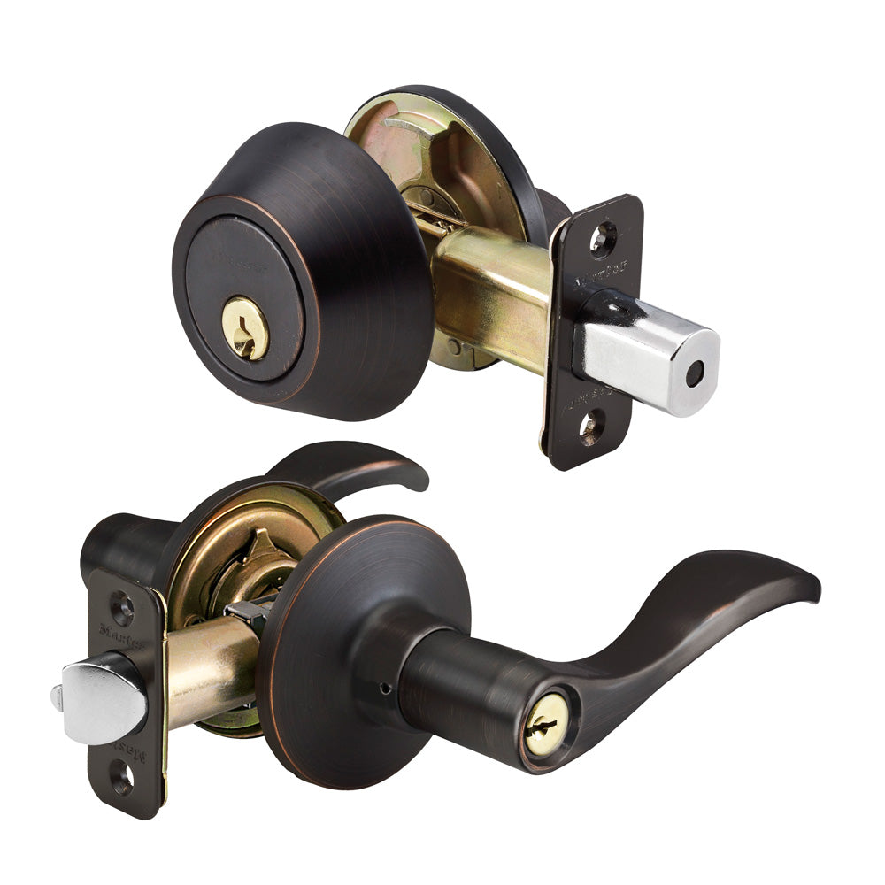 Wave Style Lever Entry Door Lock with Single Cylinder Deadbolt; Combo Pack; Aged Bronze, SC1