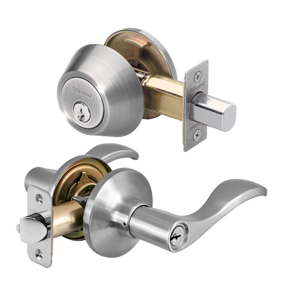 Wave Style Lever Entry Door Lock with Single Cylinder Deadbolt; Combo Pack; Satin Nickel, KW1