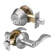 Wave Style Lever Entry Door Lock with Single Cylinder Deadbolt; Combo Pack; Satin Nickel, KW1
