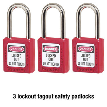 Lockout Toolbox with Standard Electrical Device Assortment and three Zenex™ Thermoplastic Padlocks