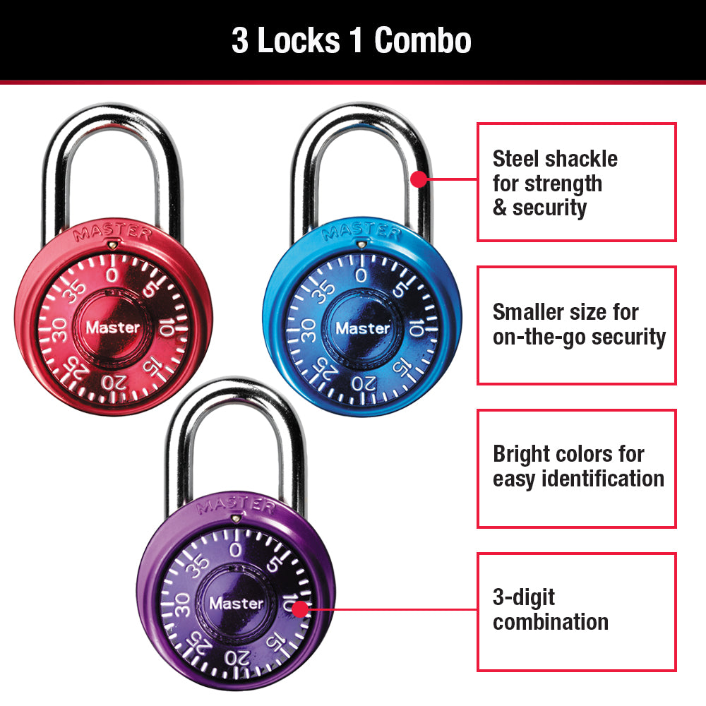 1-9/16in (40mm) Wide Combination Dial Padlock; Assorted Colors; 3-Pack