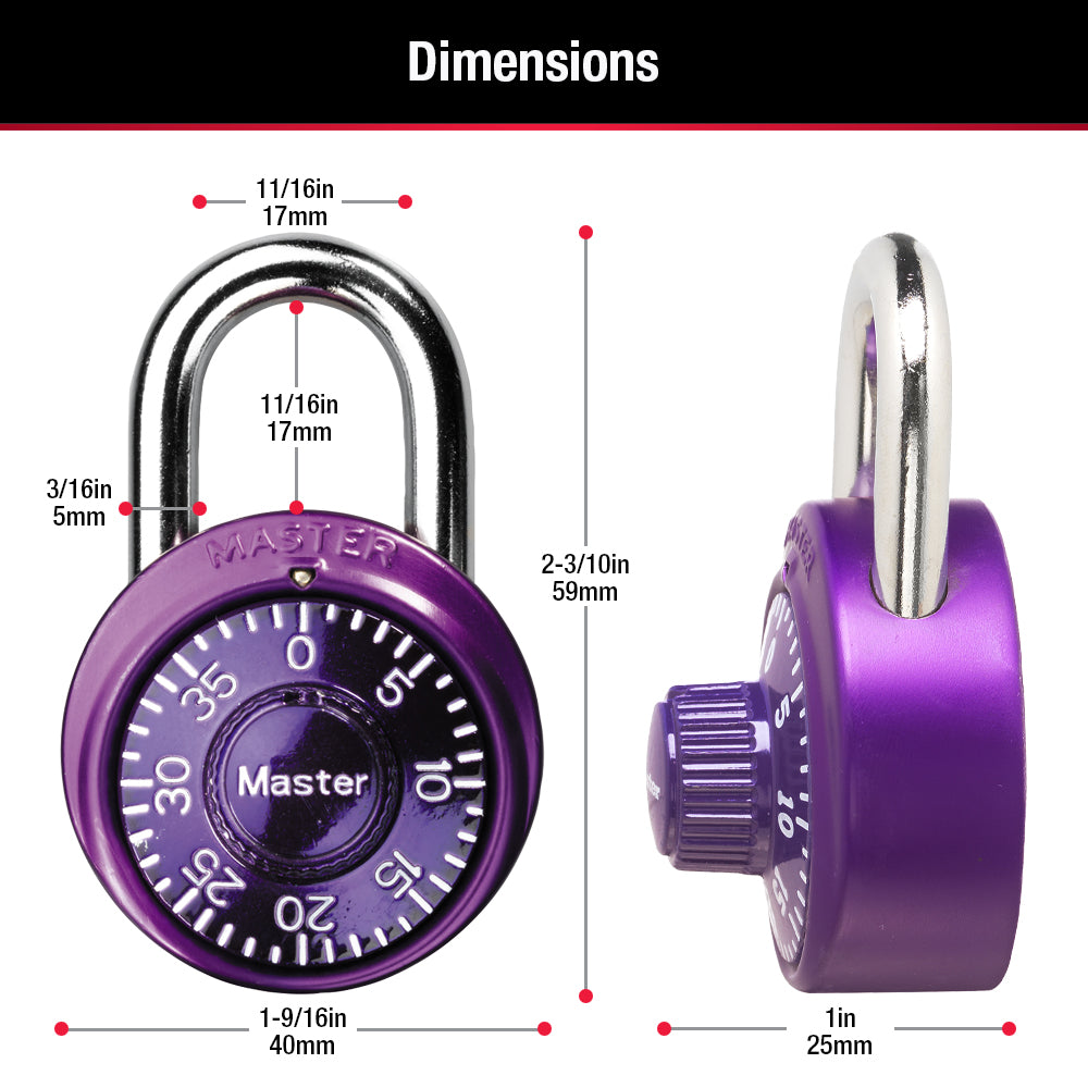 1-9/16in (40mm) Wide Combination Dial Padlock; Assorted Colors; 3-Pack