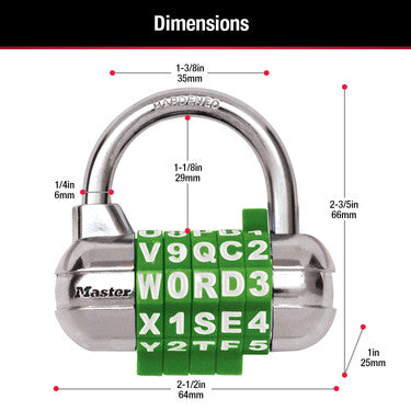 2-1/2in (64mm) Wide Set Your Own WORD Combination Padlock with Interchangeable, Removable Dials; Assorted Colors