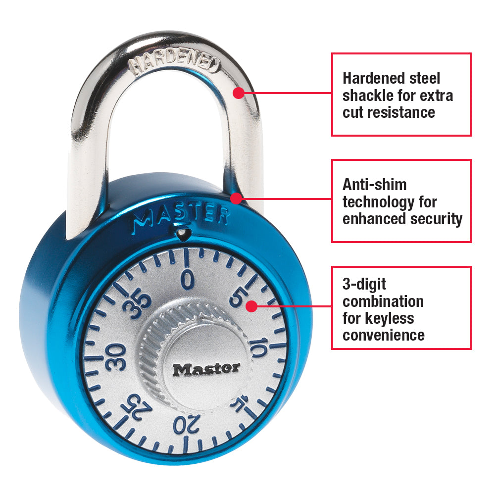 1-7/8in (48mm) Wide Combination Dial Padlock with Aluminum Cover; Assorted Colors