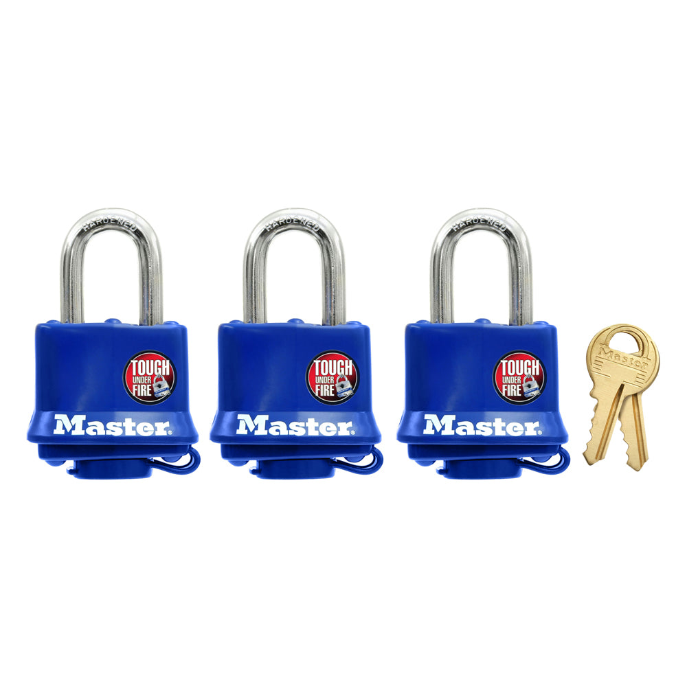 1-9/16in (40mm) Wide Covered Laminated Steel Pin Tumbler Padlock; Blue; 3-Pack