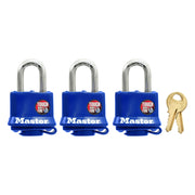 1-9/16in (40mm) Wide Covered Laminated Steel Pin Tumbler Padlock; Blue; 3-Pack