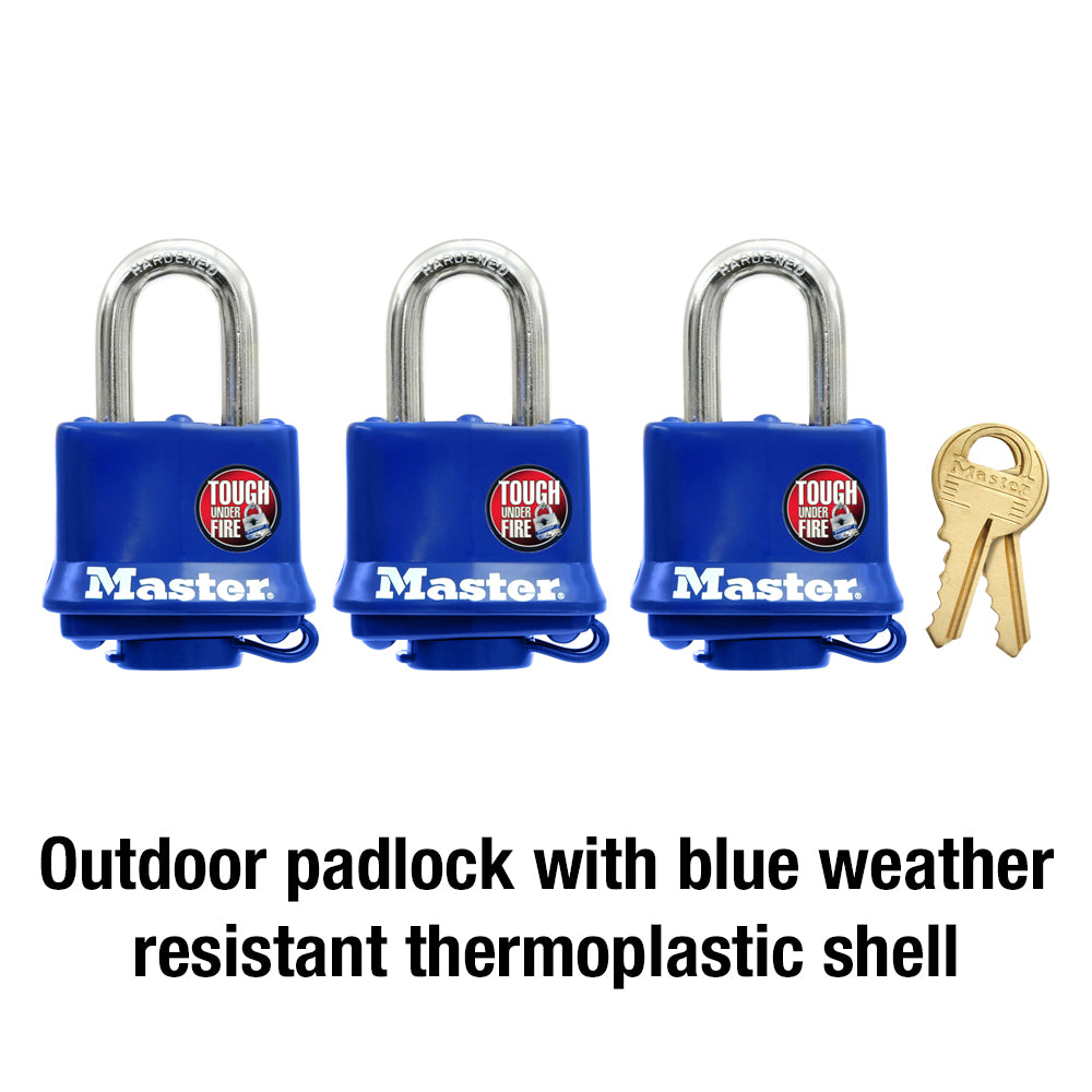1-9/16in (40mm) Wide Covered Laminated Steel Pin Tumbler Padlock; Blue; 3-Pack