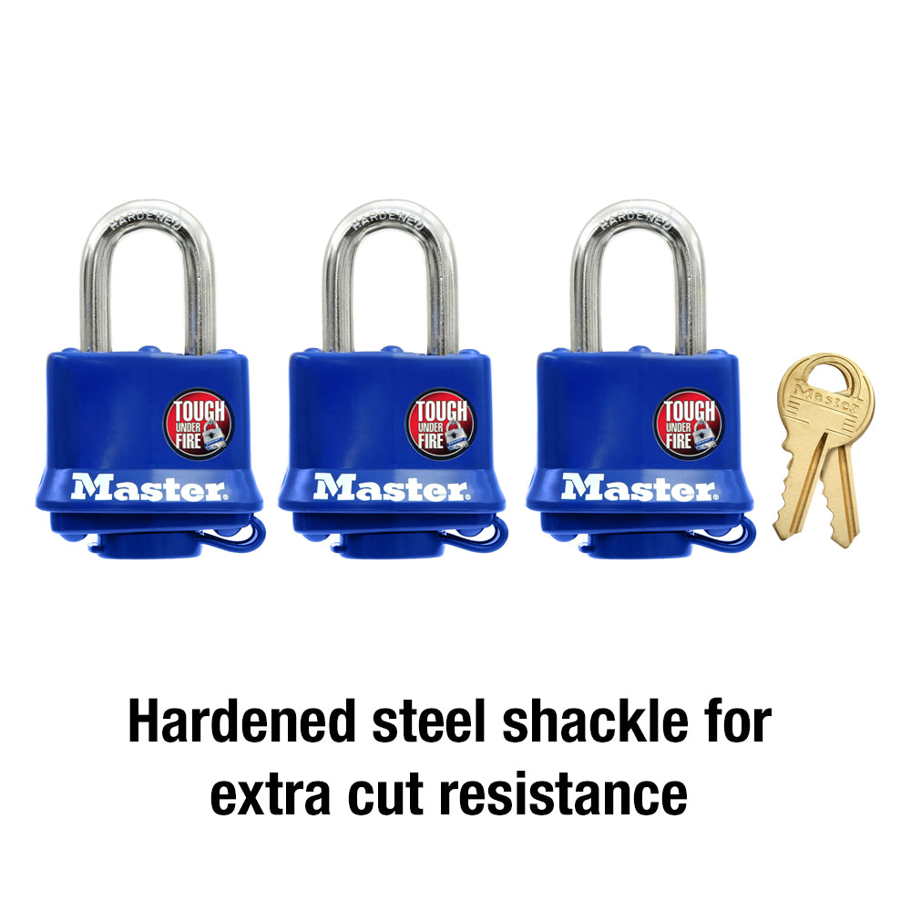 1-9/16in (40mm) Wide Covered Laminated Steel Pin Tumbler Padlock; Blue; 3-Pack