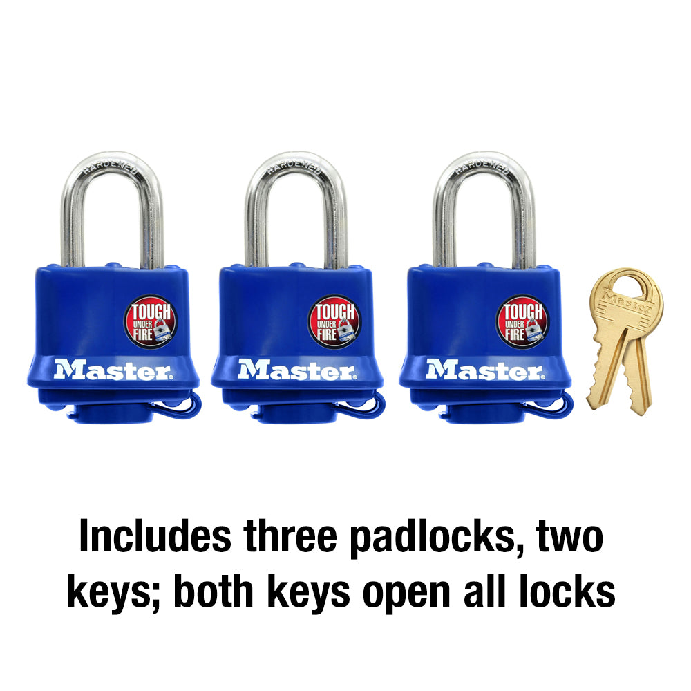 1-9/16in (40mm) Wide Covered Laminated Steel Pin Tumbler Padlock; Blue; 3-Pack