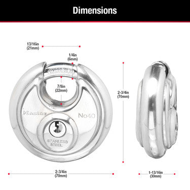 2-3/4in (70mm) Wide Stainless Steel Discus Padlock with Shrouded Shackle
