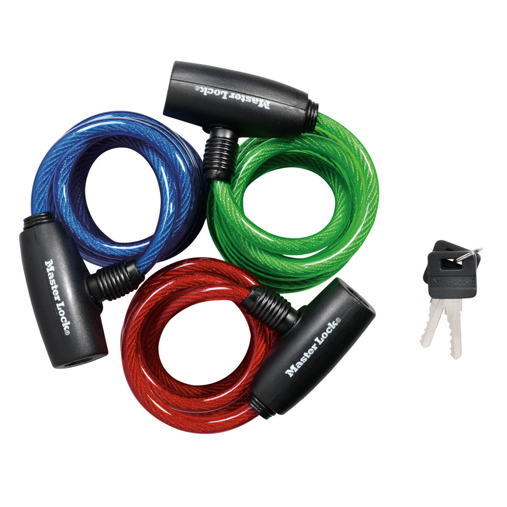 6ft (1.8m) Long x 5/16in (8mm) Diameter Keyed Cable Lock; Assorted Colors, 3-Pack