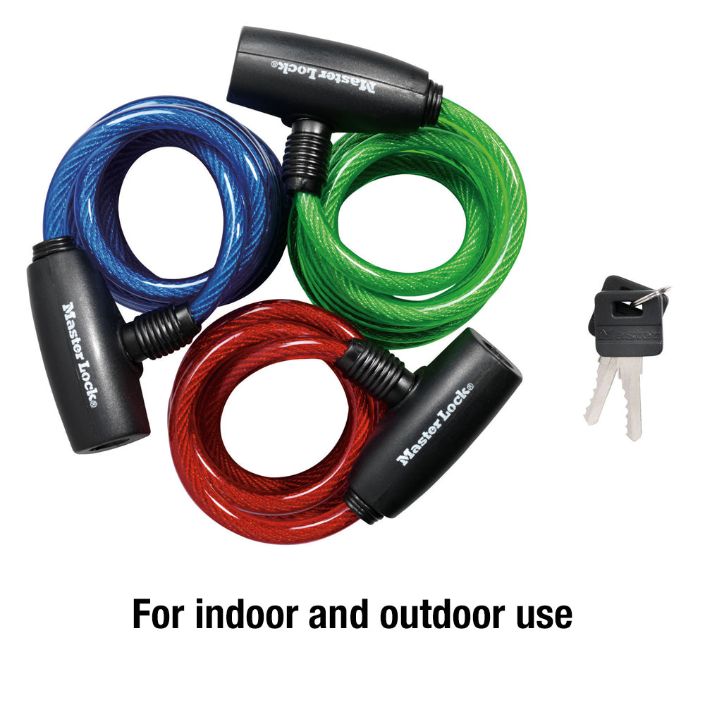 6ft (1.8m) Long x 5/16in (8mm) Diameter Keyed Cable Lock; Assorted Colors, 3-Pack