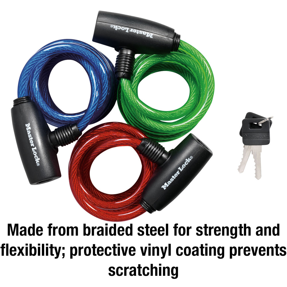 6ft (1.8m) Long x 5/16in (8mm) Diameter Keyed Cable Lock; Assorted Colors, 3-Pack