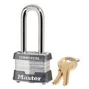 Master Lock Padlock, Style: Laminated steel body, Size: 1-9/16", Material: Steel, Color: Silver, Keyed: Keyed Alike, Shackle Diameter: 9/32", Shackle Clearance: 2"