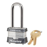 Master Lock Padlock, Style: Laminated steel body, Size: 1-9/16", Material: Steel, Color: Silver, Keyed: Keyed Alike, Shackle Diameter: 9/32", Shackle Clearance: 2", Key Number: 0344