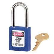 Master Lock Padlock, Keyed alike with 6-pin tumbler cylinder W/ permanent, write-on labels, 1-1/2", Xenoy, Blue, Packaging Qty: 36 per case
